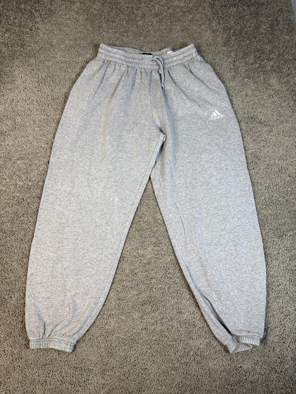 Adidas Pants Mens L Gray Sweatpants Fleece Elastic Waist Drawstring Pockets
